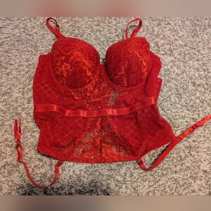 Red Lace Push Up Corset With Garter Straps Size Large